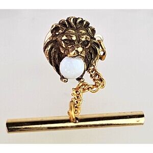 Vintage Signed Swank Gold Tone Lion with Faux Opal in Mouth Tie Lapel Pin .50 in